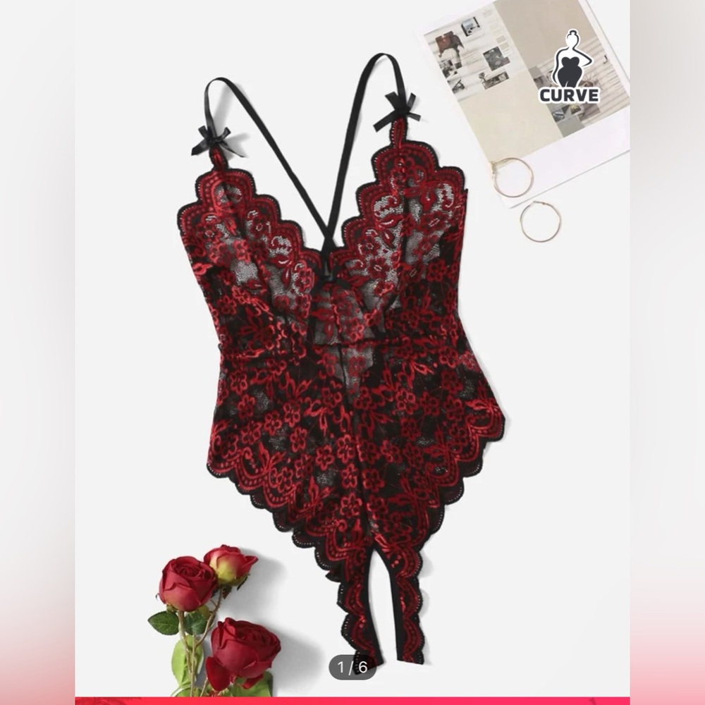 Classic Sexy Plus Floral Lace Scallop Trim Crotchless Teddy Bodysuit